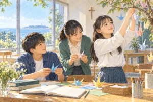 アレセイア湘南中学校の学びをイメージしたイラスト（AI生成）（AI生成のイメージイラスト）