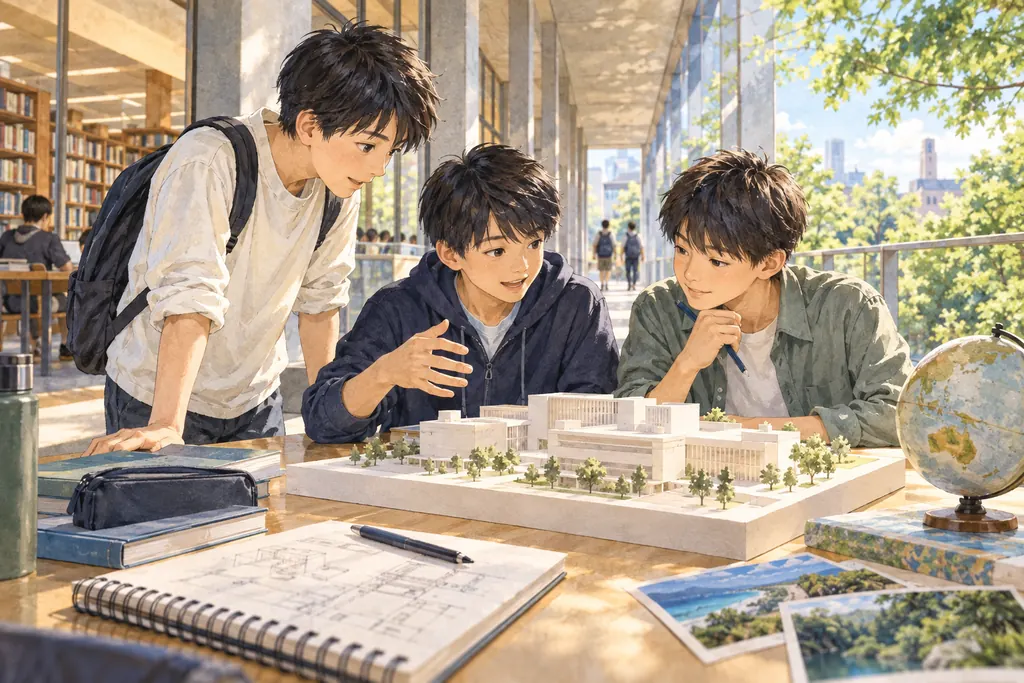 明治大学付属中野中学校の学びをイメージしたイラスト（AI生成）（AI生成のイメージイラスト）