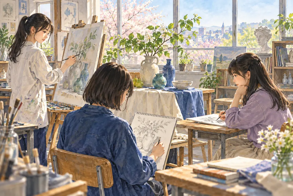 女子美術大学付属中学校の学びをイメージしたイラスト（AI生成）（AI生成のイメージイラスト）