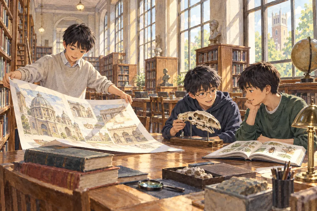 早稲田大学高等学院中学部の学びをイメージしたイラスト（AI生成）（AI生成のイメージイラスト）