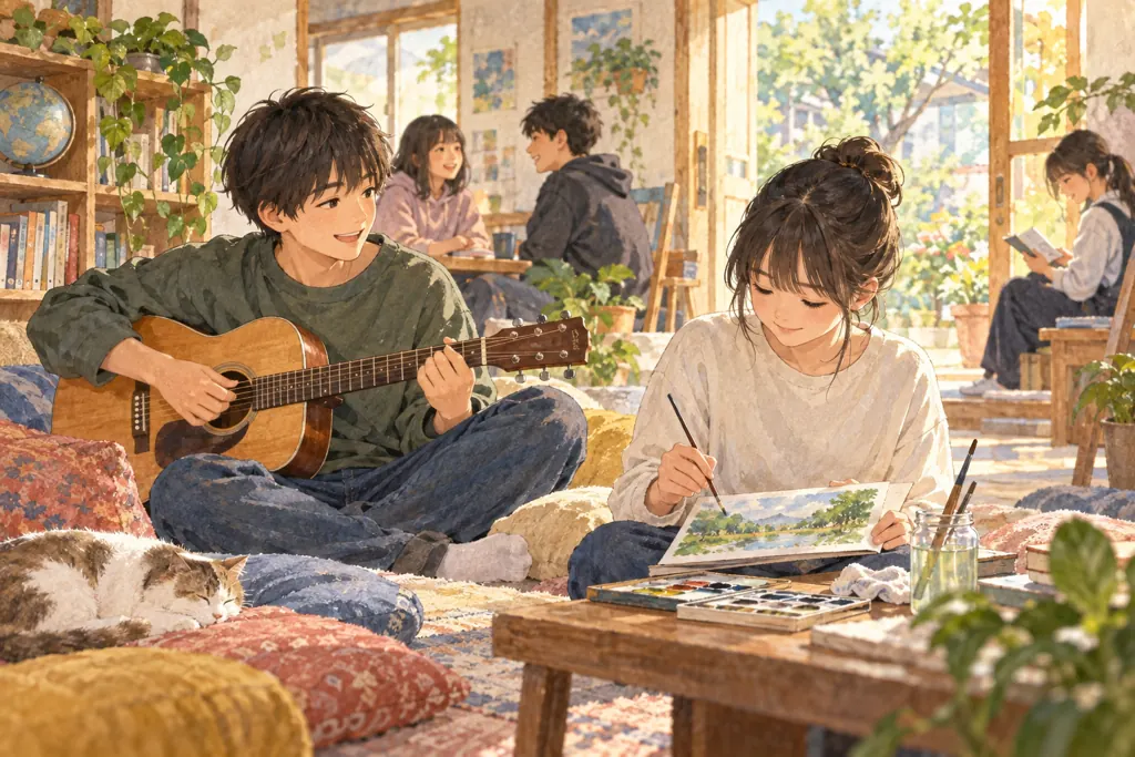 東京シューレ葛飾中学校の学びをイメージしたイラスト（AI生成）（AI生成のイメージイラスト）