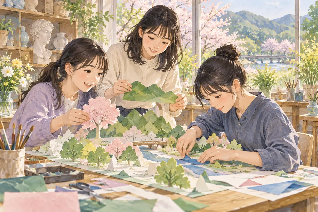 大妻嵐山中学校の学びをイメージしたイラスト（AI生成）（AI生成のイメージイラスト）